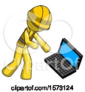 Poster, Art Print Of Yellow Construction Worker Contractor Man Throwing Laptop Computer In Frustration