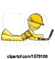 Poster, Art Print Of Yellow Construction Worker Contractor Man Using Laptop Computer While Lying On Floor Side View