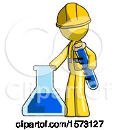 Poster, Art Print Of Yellow Construction Worker Contractor Man Holding Test Tube Beside Beaker Or Flask