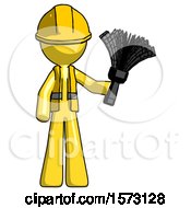 Poster, Art Print Of Yellow Construction Worker Contractor Man Holding Feather Duster Facing Forward
