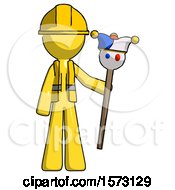 Poster, Art Print Of Yellow Construction Worker Contractor Man Holding Jester Staff