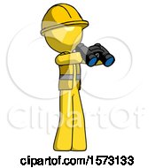 Poster, Art Print Of Yellow Construction Worker Contractor Man Holding Binoculars Ready To Look Right
