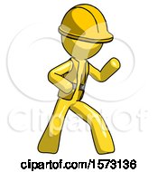 Poster, Art Print Of Yellow Construction Worker Contractor Man Martial Arts Defense Pose Right