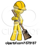 Poster, Art Print Of Yellow Construction Worker Contractor Man Sweeping Area With Broom