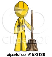Poster, Art Print Of Yellow Construction Worker Contractor Man Standing With Broom Cleaning Services