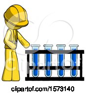 Poster, Art Print Of Yellow Construction Worker Contractor Man Using Test Tubes Or Vials On Rack