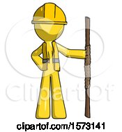 Poster, Art Print Of Yellow Construction Worker Contractor Man Holding Staff Or Bo Staff
