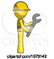 Poster, Art Print Of Yellow Construction Worker Contractor Man Using Wrench Adjusting Something To Right
