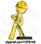 Poster, Art Print Of Yellow Construction Worker Contractor Man Cleaning Services Janitor Sweeping Floor With Push Broom
