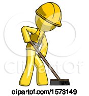 Poster, Art Print Of Yellow Construction Worker Contractor Man Cleaning Services Janitor Sweeping Side View