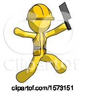 Poster, Art Print Of Yellow Construction Worker Contractor Man Psycho Running With Meat Cleaver