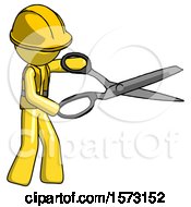 Poster, Art Print Of Yellow Construction Worker Contractor Man Holding Giant Scissors Cutting Out Something