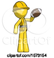 Poster, Art Print Of Yellow Construction Worker Contractor Man Holding Football Up