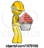 Poster, Art Print Of Yellow Construction Worker Contractor Man Holding Large Cupcake Ready To Eat Or Serve