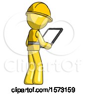 Poster, Art Print Of Yellow Construction Worker Contractor Man Looking At Tablet Device Computer Facing Away