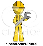 Poster, Art Print Of Yellow Construction Worker Contractor Man Holding Large Wrench With Both Hands