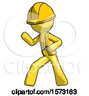 Poster, Art Print Of Yellow Construction Worker Contractor Man Martial Arts Defense Pose Left