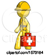 Poster, Art Print Of Yellow Construction Worker Contractor Man Walking With Medical Aid Briefcase To Left