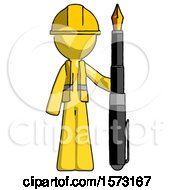 Poster, Art Print Of Yellow Construction Worker Contractor Man Holding Giant Calligraphy Pen
