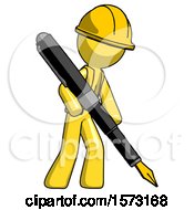 Poster, Art Print Of Yellow Construction Worker Contractor Man Drawing Or Writing With Large Calligraphy Pen