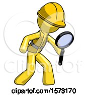 Poster, Art Print Of Yellow Construction Worker Contractor Man Inspecting With Large Magnifying Glass Right