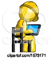 Poster, Art Print Of Yellow Construction Worker Contractor Man Using Laptop Computer While Sitting In Chair View From Back