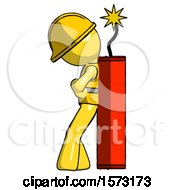 Poster, Art Print Of Yellow Construction Worker Contractor Man Leaning Against Dynimate Large Stick Ready To Blow