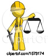 Poster, Art Print Of Yellow Construction Worker Contractor Man Justice Concept With Scales And Sword Justicia Derived