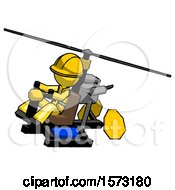Poster, Art Print Of Yellow Construction Worker Contractor Man Flying In Gyrocopter Front Side Angle Top View