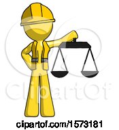 Poster, Art Print Of Yellow Construction Worker Contractor Man Holding Scales Of Justice