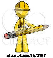 Poster, Art Print Of Yellow Construction Worker Contractor Man Writer Or Blogger Holding Large Pencil