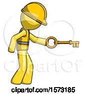 Poster, Art Print Of Yellow Construction Worker Contractor Man With Big Key Of Gold Opening Something