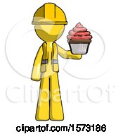 Poster, Art Print Of Yellow Construction Worker Contractor Man Presenting Pink Cupcake To Viewer