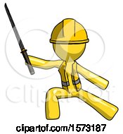 Poster, Art Print Of Yellow Construction Worker Contractor Man With Ninja Sword Katana In Defense Pose