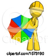 Poster, Art Print Of Yellow Construction Worker Contractor Man Holding Rainbow Umbrella Out To Viewer