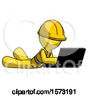 Poster, Art Print Of Yellow Construction Worker Contractor Man Using Laptop Computer While Lying On Floor Side Angled View