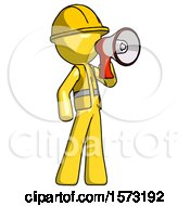 Poster, Art Print Of Yellow Construction Worker Contractor Man Shouting Into Megaphone Bullhorn Facing Right