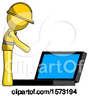 Poster, Art Print Of Yellow Construction Worker Contractor Man Using Large Laptop Computer Side Orthographic View