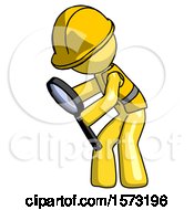 Poster, Art Print Of Yellow Construction Worker Contractor Man Inspecting With Large Magnifying Glass Left
