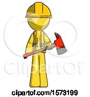 Poster, Art Print Of Yellow Construction Worker Contractor Man Holding Red Fire Fighters Ax