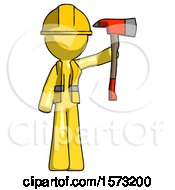 Poster, Art Print Of Yellow Construction Worker Contractor Man Holding Up Red Firefighters Ax