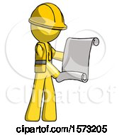 Poster, Art Print Of Yellow Construction Worker Contractor Man Holding Blueprints Or Scroll