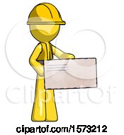 Poster, Art Print Of Yellow Construction Worker Contractor Man Presenting Large Envelope