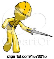 Poster, Art Print Of Yellow Construction Worker Contractor Man Sword Pose Stabbing Or Jabbing