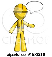 Poster, Art Print Of Yellow Construction Worker Contractor Man With Word Bubble Talking Chat Icon