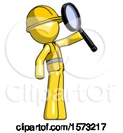 Poster, Art Print Of Yellow Construction Worker Contractor Man Inspecting With Large Magnifying Glass Facing Up