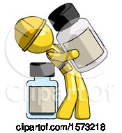 Poster, Art Print Of Yellow Construction Worker Contractor Man Holding Large White Medicine Bottle With Bottle In Background
