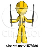 Poster, Art Print Of Yellow Construction Worker Contractor Man Posing With Two Ninja Sword Katanas Up
