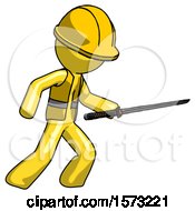Poster, Art Print Of Yellow Construction Worker Contractor Man Stabbing With Ninja Sword Katana