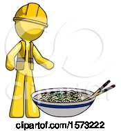 Poster, Art Print Of Yellow Construction Worker Contractor Man And Noodle Bowl Giant Soup Restaraunt Concept